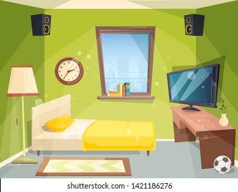 Teen room. Small bedroom for kids student apartment inside of house modern interior vector cartoon. Illustration of interior bedroom teenager, apartment workspace student