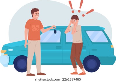 Teen scared of driving 2D vector isolated illustration. Irritated father wanting son to driving car flat characters on cartoon background. Colorful editable scene for mobile, website, presentation