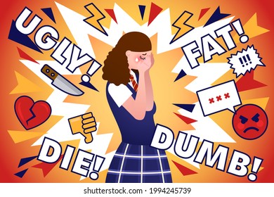 Teen School Girl Cries Because Cyberbullying, Modern Pop Art Illustration