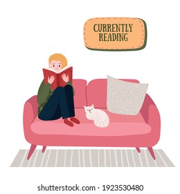 Teen sit in the sofa with cat and reading book.  Distance learning and self education concept. Currently reading text. Reader with novel. Girl prepares to exams. Student studying with textbook.