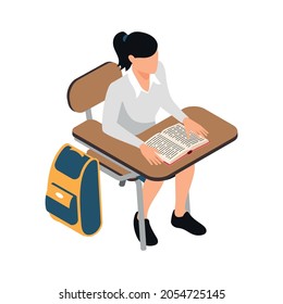 Teen sitting at school desk with open book isometric icon 3d vector illustration