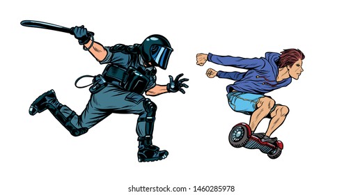 teen skateboarder. riot police with a baton. Pop art retro vector illustration drawing