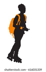 Teen skater with backpack. Vector silhouette