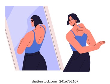 Teen skinny woman looking in mirror, love yourself reflection. Happy confident girl positive esteems her body. Self acceptance, awareness. Flat isolated vector illustration on white background