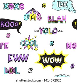 Teen slang cool words abbreviations hand drawn doodle colorful seamless pattern vector