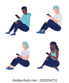 Teen smartphone addiction semi flat color vector characters set. Full body people on white. Spending time alone isolated modern cartoon style illustrations collection for graphic design and animation