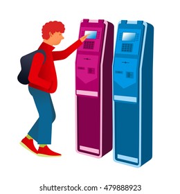 Teen in sneakers with a backpack with stationary payment terminal. Vector flat Illustration. Web graphics, banners, advertisements, brochures, business templates. Isolated on a white background.