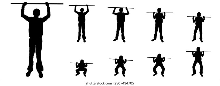 Teen sport silhouettes. Sports kids. Teenagers with equipment. The boy does exercises with dumbbells. The child is engaged in various sports and physical exercises during the physical education lesson