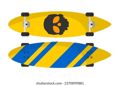 Teen sports activities and leisure time, isolated skateboard with wheels and skull print. Skateboarding hobby, long board for riding on city streets and roads. Vector in flat style illustration