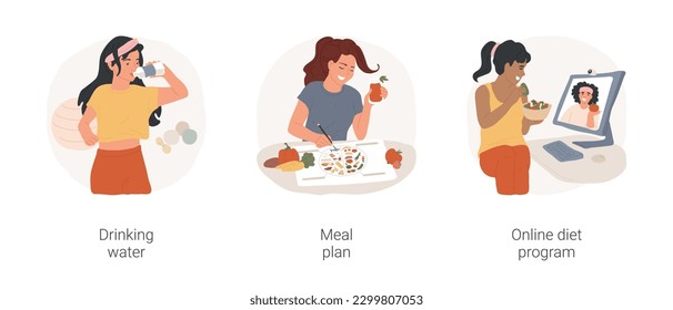 Teen staying fit isolated cartoon vector illustration set. Teeange girl drinking water in gym while exercising, hydration, meal plan, counting calories, online diet program vector cartoon.