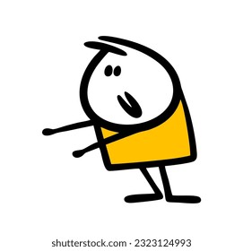Teen stickman stretches out his arms and is ready to hug. Vector illustration of a friendly cute guy.  Hand drawn stick figure character isolated on white background.