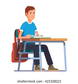 Teen Student Boy Sitting At His School Or College Desk. Flat Style Color Modern Vector Illustration.