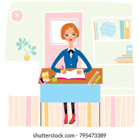 Teen student girl sitting in the class interior doing classwork and dreaming. Vector illustation