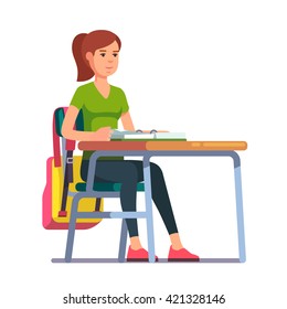 Teen student girl sitting at her school or college desk. Flat style color modern vector illustration.