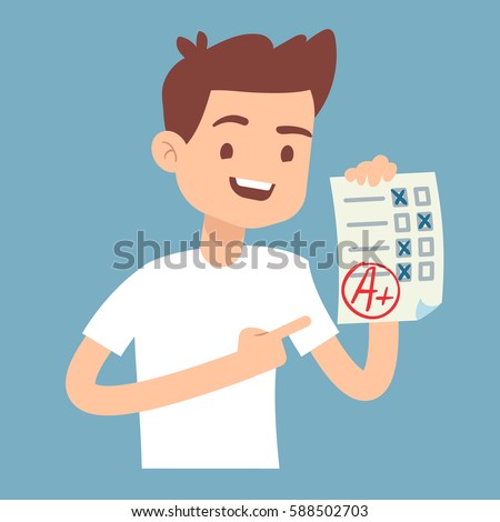 Teen student holding paper with perfect school exam test vector illustration