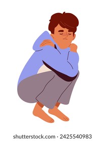 Adolescente que sufre de una enfermedad psicológica. Niño triste sentado. Salud mental y psicología. Frustración y soledad. Ilustración plana del vector de la historieta aislada sobre fondo blanco