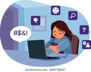 
Teen Suffers from Online Cyberbullying Vector Illustration. Unhappy teenage girl receiving hate and harassment on the internet  
