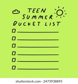 Teen summer bucket list. Hand drawn flat design. Vector illustration on green background.