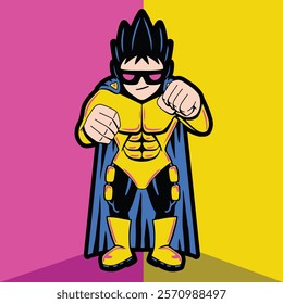 Teen superhero with spiky hair and a flowing cape striking a heroic pose. Dynamic and bold design perfect for comics, animations, or branding. Full of energy and youthful charisma