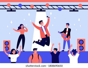 Teen talent show. Young girl and guys performing on stage, playing guitar and singing before fans flat vector illustration. Performance, concert concept for banner, website design or landing web page