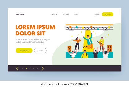 Teen talent show. Young girl and guys performing on stage, playing guitar and singing before fans flat vector illustration. Performance, concert concept for banner, website design or landing web page