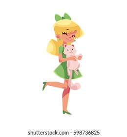 Teen, teenage girl in green dress holding and cuddling fluffy cat, kitten, pet, cartoon vector illustration isolated on white background. Full length portrait of girl with fluffy little cat, kitten