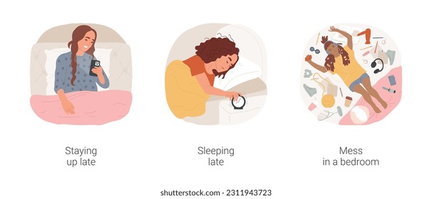 Teen typical bad habits isolated cartoon vector illustration set. Staying up late with gadget, teenager sleeping late in the morning, teen making mess in bedroom, careless attitude vector cartoon.