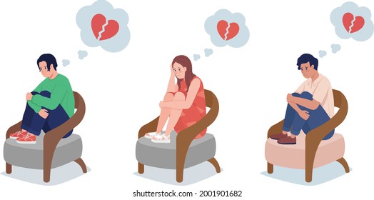 Teen upset over love semi flat color vector character set. Sitting figure. Full body people on white. Break up isolated modern cartoon style illustration for graphic design and animation collection