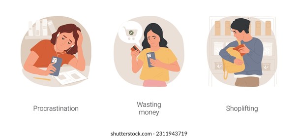 Teen vices isolated cartoon vector illustration set. Procrastination, laziness problem, wasting money, impulsive spending, feeling guilty, teenage boy stealing in store, kleptomania vector cartoon.