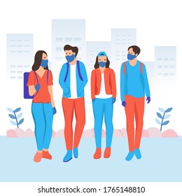 teen wearing protective face mask and gloves. social distancing during covid-19 outbreak
