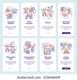 Teen wellbeing onboarding mobile app screen set. Stress-related disorders walkthrough 4 steps graphic instructions pages with linear concepts. UI, UX, GUI template. Myriad Pro-Bold, Regular fonts used