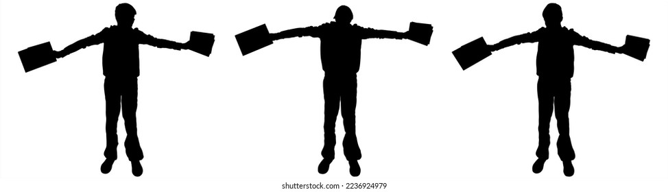 The teen widely spaced both hands, holding books and notebooks in his hands. The boy tilted his head slightly back in joy - back to school. Front view, full face. Black silhouettes isolated on white