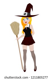 Teen witch standing with her broom in cartoon style. Vector illustration isolated on white background.