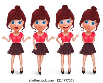 Teen woman vector characters set. Fashion girl model with trendy clothes showing different posture and hand gesture while talking for presentation. Vector illustration.
