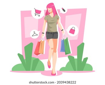 teen woman walking happily carrying groceries in shopping bag. shopping cart icon, lipstick, hanger, bag. plant. suitable for the theme of lifestyle, shopping, women, hobbies, etc. flat vector designs