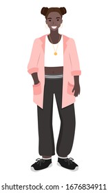 Teen woman wearing stylish clothes vector, isolated lady afro american teenager. Young lady with hairstyle, trousers and sweater pretty character