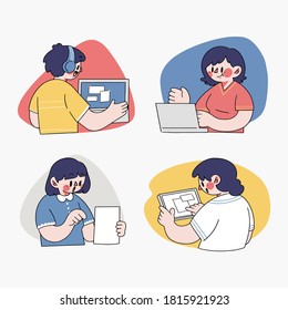Teen Work Together on a Project Vector Digital Illustration Collection
