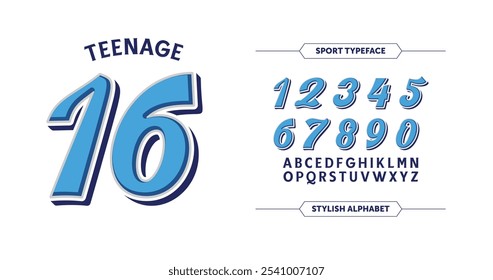 Teenage 16: Sleek blue number typography with a sporty, energetic style. Great for custom jerseys and team branding. Includes numbers and select characters. Vector illustration.