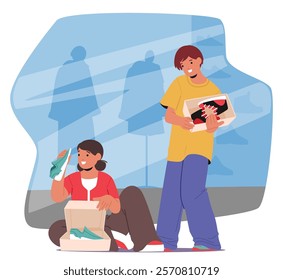 Teenage best friends choosing sneakers everyday trendy shoes enjoying retail shopping at footwear fashion boutique store vector illustration. Teenagers shopaholics characters buying footgear together