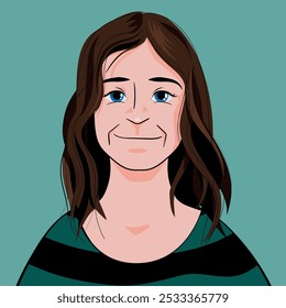 
Adolescente niña de ojos azules sonriente, camisa de rayas - ilustración plana - avatar	