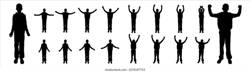 Teenage boy with arms raised high. A boy is happy. A boy raised his hands or lowered his hands. Sport. Physical exercise. Looking at the camera. Teenager's silhouettes in black color isolated on white