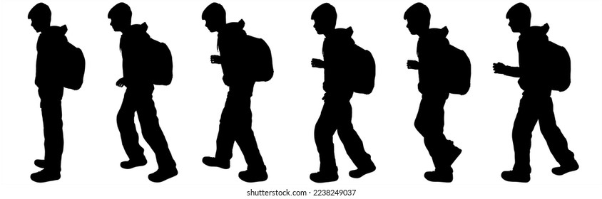 A teenage boy with a backpack on his back walks. Children go to school. Teenage students. A set of characters for walking motion animation. Side view, profile. Black silhouette isolated on white