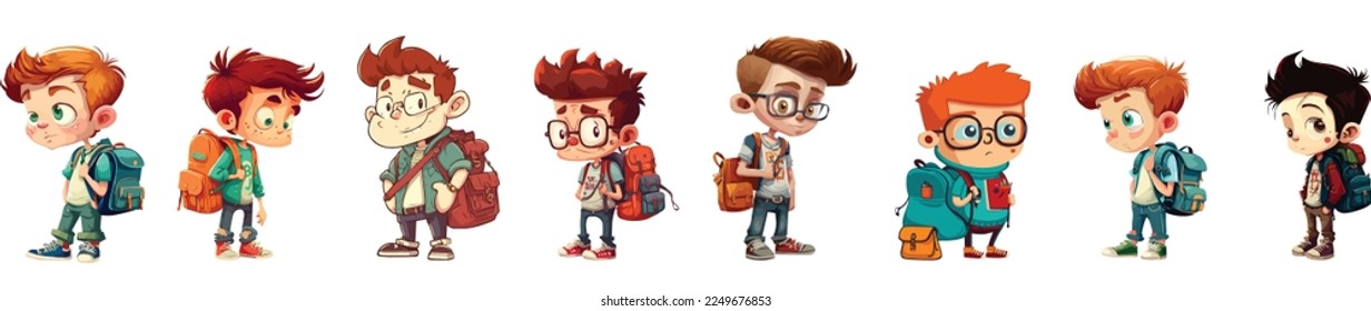 Teenage boy and bag different characters vector illustration