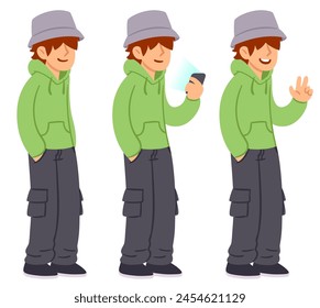 Teenage boy in baggy clothes and bucket hat, different poses set. Youth street fashion. Simple cartoon clip art illustration.