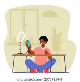 Teenage boy cartoon character making creative social media network content streaming live broadcast vector illustration. Teen blogger young influencer sitting front of mobile phone camera at home