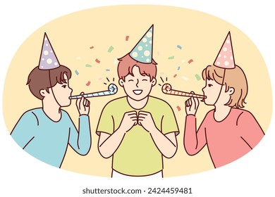 Teenage boy celebrating birthday with friends from school. Children in party hats and tongue whistle congratulating their peers on holiday standing among confetti. Flat vector illustration