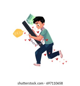 Teenage boy chained to huge smartphone, unable to let it go, phone dependence, cartoon vector illustration isolated on white background. Boy chained to huge phone, dependence on chatting