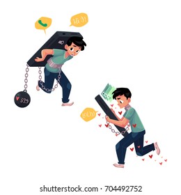 Teenage boy chained to, carrying huge smartphone, phone dependence, cartoon vector illustration isolated on white background. Boy chained to, carrying huge phone, unable to stop chatting