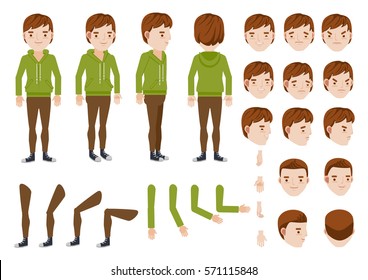 Teenage Boy character creation set. Icons with different types of faces and hair style, emotions,  front, rear, side view of male person. Moving arms, legs. Vector illustration