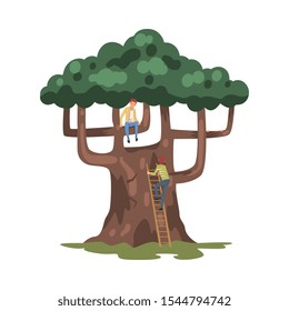 Teenage Boy Climbing on Tree, Teenager Sitting on Branch, Childhood Activity Vector Illustration